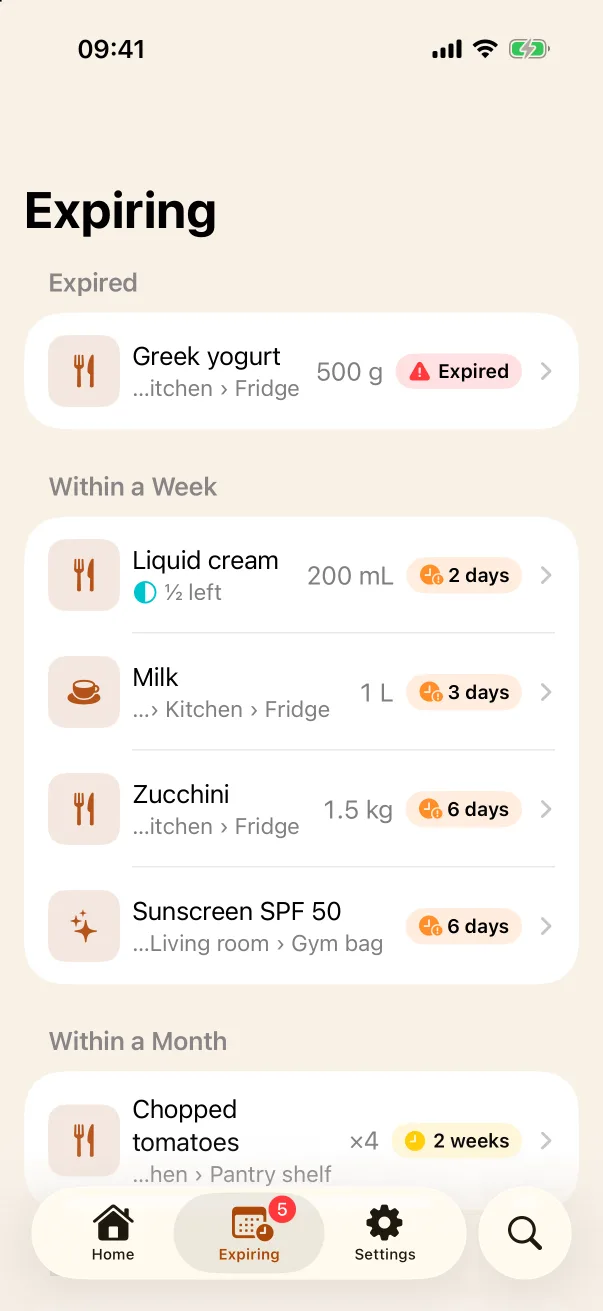The Expiring screen: Greek yogurt marked expired, then liquid cream, milk, zucchini and the sunscreen in the living-room gym bag due within a week, each with the number of days left.
