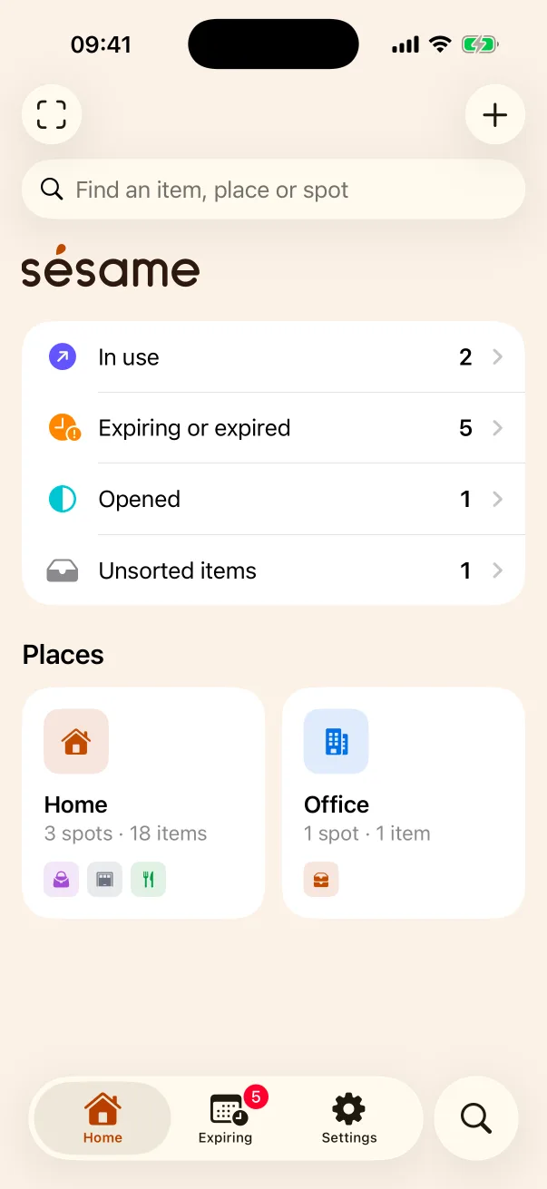 Sésame’s Home screen: counts of items in use, expiring, opened and unsorted, then the places Home and Office, each with a strip of tiles showing what’s inside.